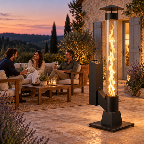 Colonne de feu sur une terrasse le soir