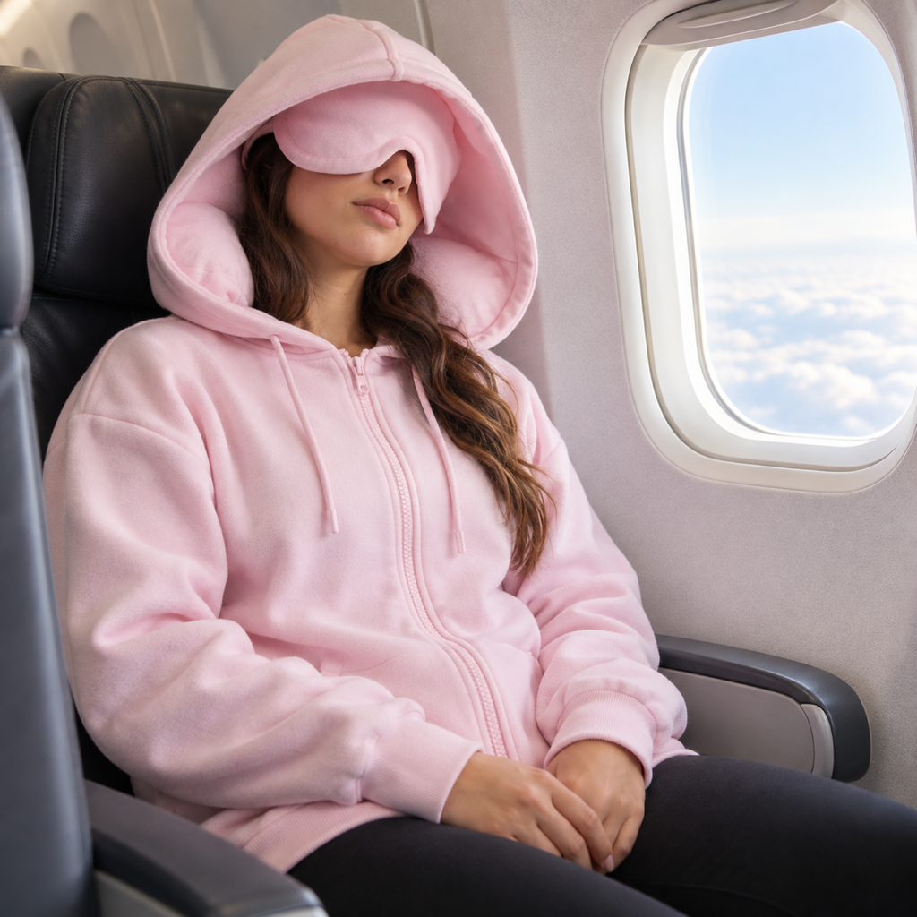 Sweat zippé avec oreiller de voyage intégré en situation